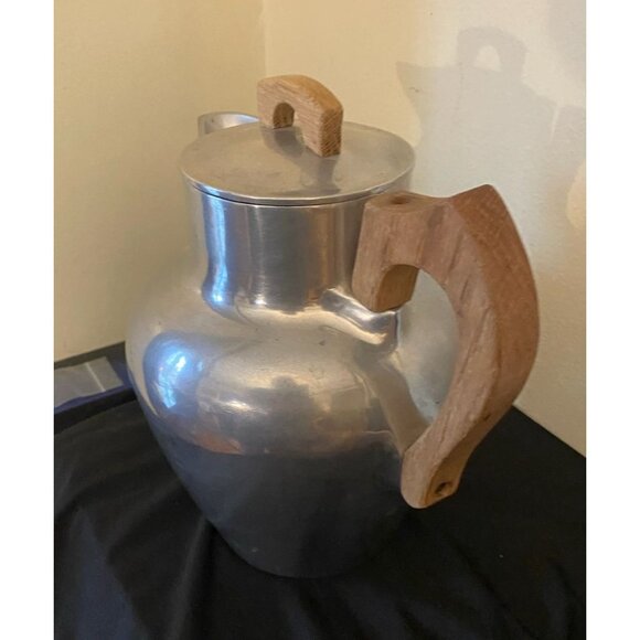Vintage Mid-Century Modern Aluminum Pitcher | 9" MCM Wood Handle Thermal Carafe - Picture 4 of 6